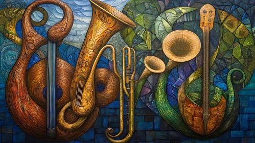 Stained Glass Abstract Musical Instruments Art