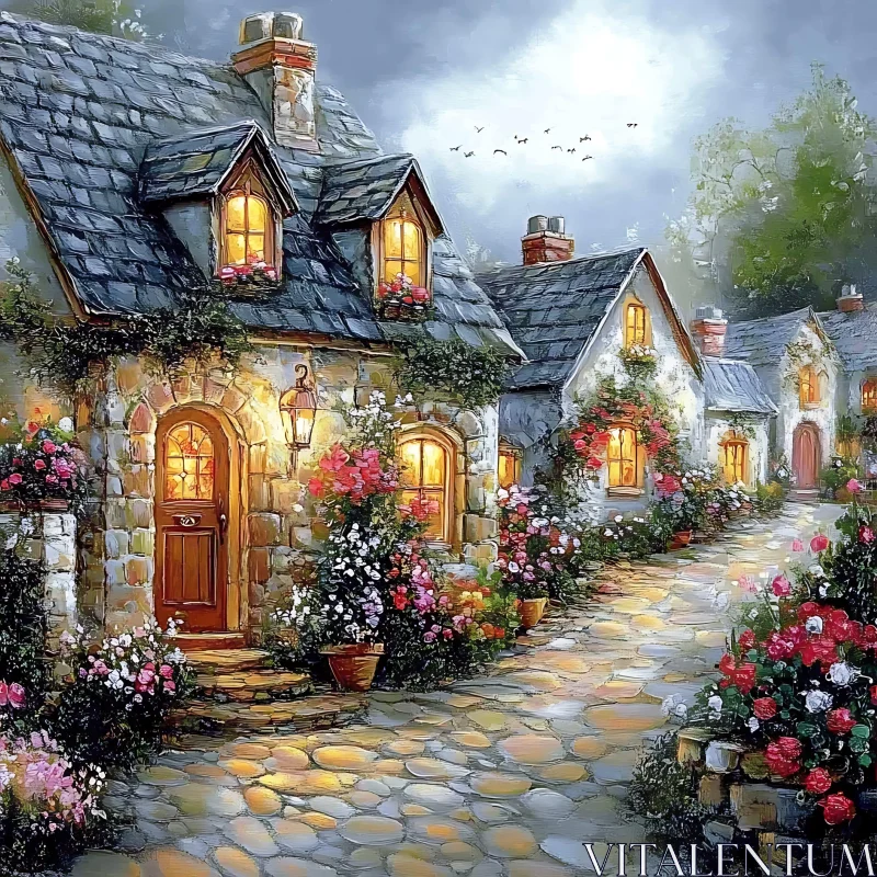 AI ART Enchanting Stone Cottage with Evening Glow