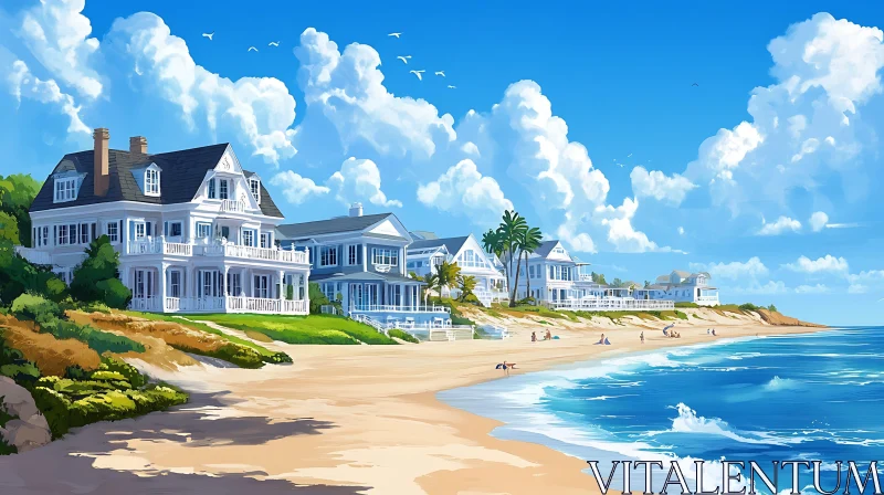 Elegant Beachfront Houses and Clear Blue Ocean Waves AI Image