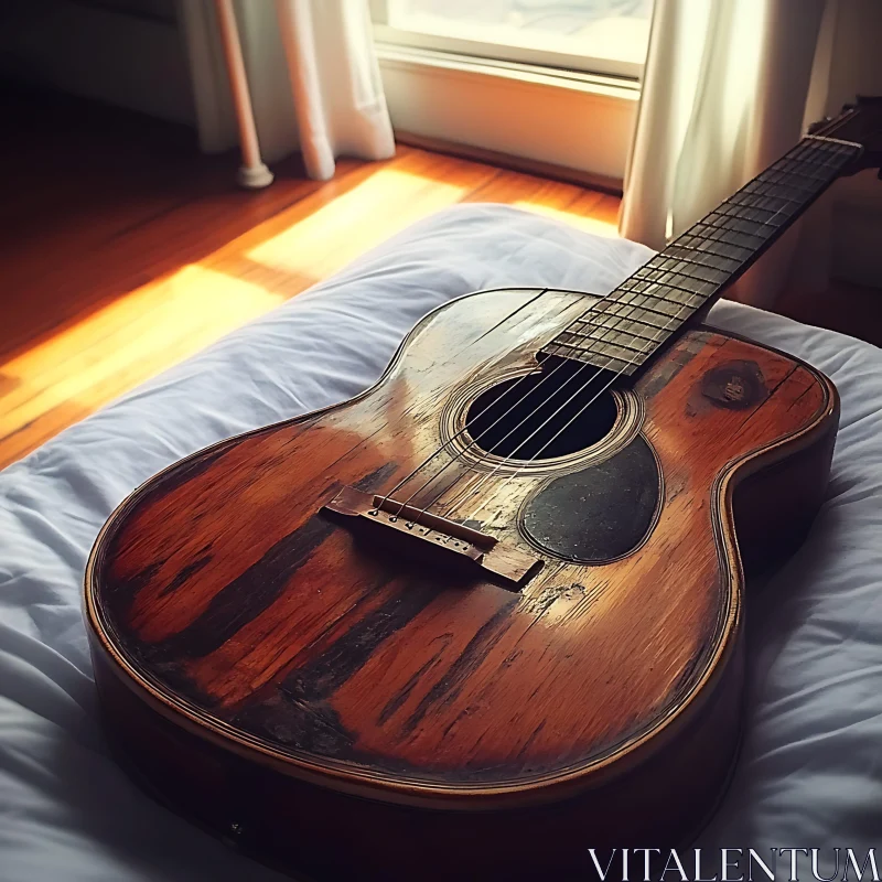 Classic Wooden Guitar on Bed by Window AI Image