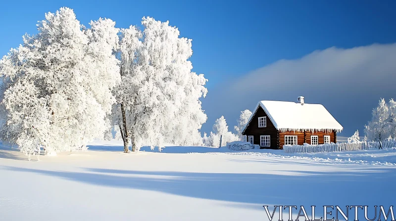 AI ART Winter Cabin by Frosted Trees Under Blue Sky