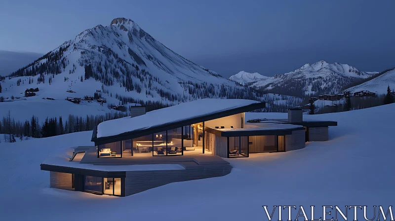 Mountain Retreat with Illuminated Modern Home AI Image