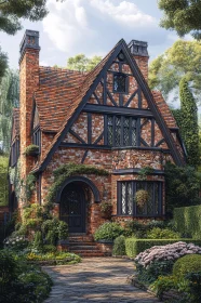 Picturesque Tudor-Style Brick House with Lush Garden