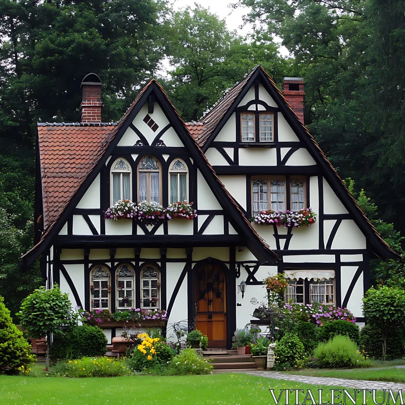 Charming Tudor Cottage with Lush Greenery AI Image