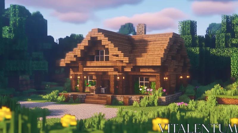 Pixelated Wooden Cabin in Nature AI Image