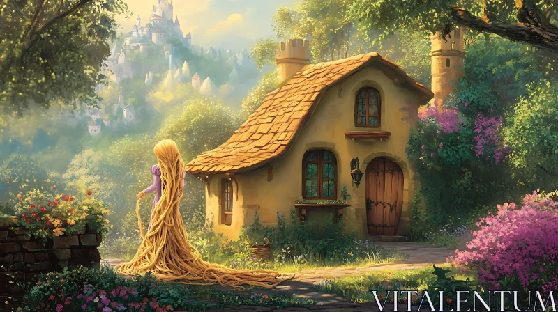 Whimsical Scene Featuring a Fairytale Cottage and Castle AI Image