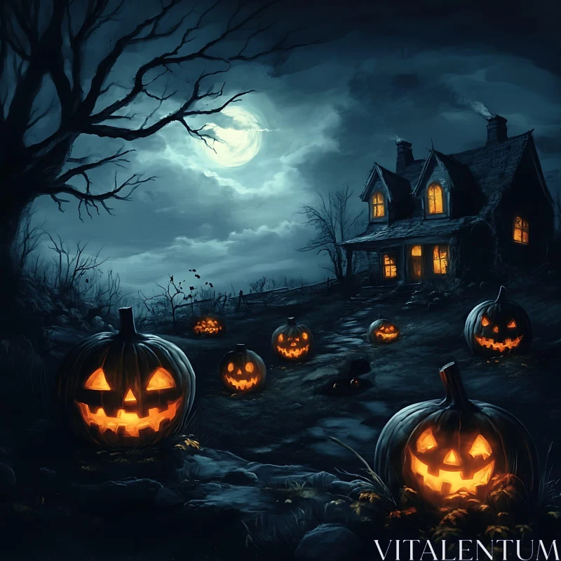 Haunting Halloween Night with Glowing Pumpkins and a Haunted House AI Image