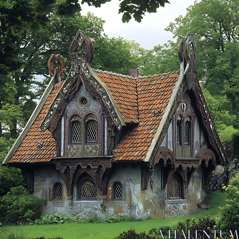 Whimsical Medieval Cottage in Abundant Greenery AI Image