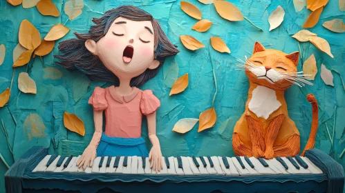 Whimsical Cartoon Duet with Girl and Cat