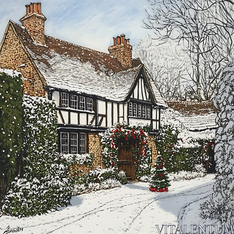 Winter Wonderland: Tudor-Style House with Snow AI Image