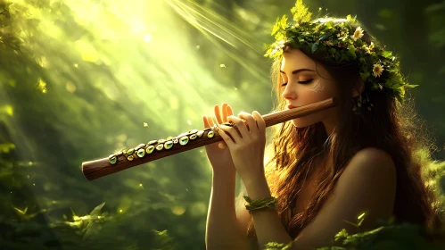 Nature Harmony: Woman with Flute in the Forest