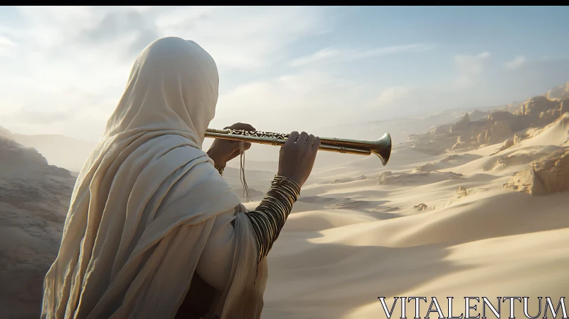 Desert Musician with Brass Instrument Amidst Vast Sands AI Image