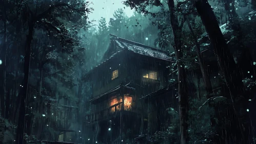 Mystical Cabin in Rainy Woods at Night