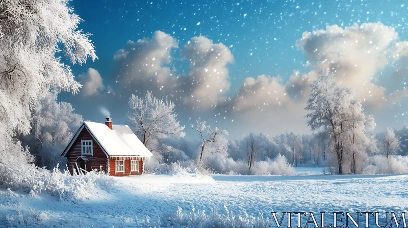 AI ART Serene Snowy Cabin in a Frozen Forest