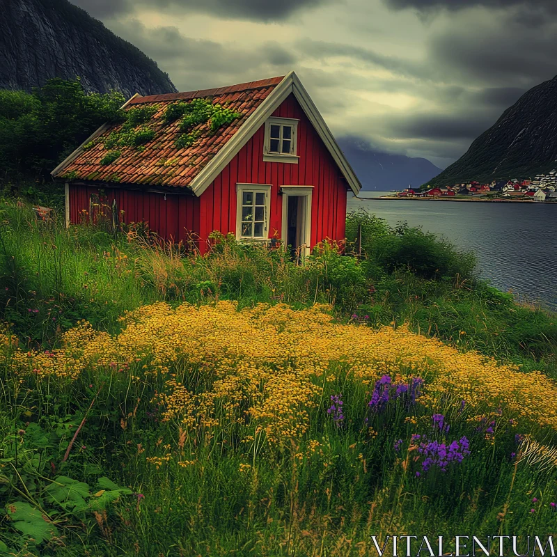 Scenic Cottage Surrounded by Wildflowers Near a Lake AI Image