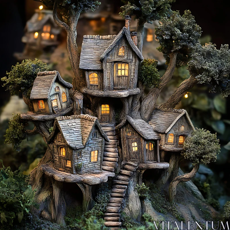 AI ART Fantasy Treehouse with Warm Lights