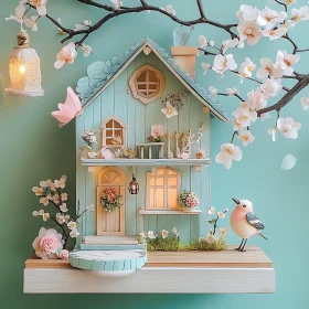 Whimsical Birdhouse with Flowers and Bird