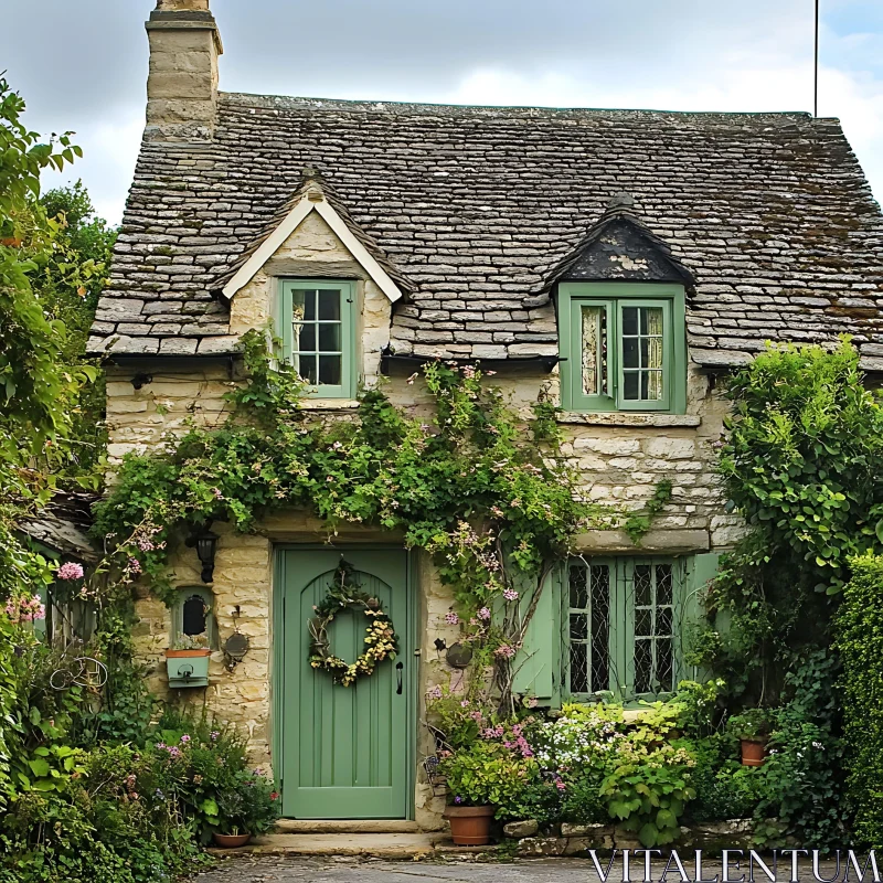 Idyllic Stone Cottage with Green Accents AI Image