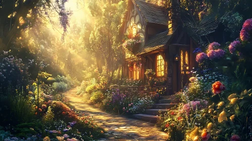 Sunlit Forest Cottage with Blooming Garden