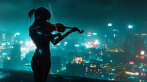 Solitary Cyborg with Violin in Neon-Lit Rainy City