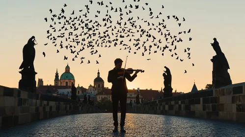 Sunset Serenade: Violinist and Birds