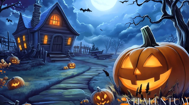 Eerie Halloween Night: Haunted House and Glowing Pumpkins AI Image