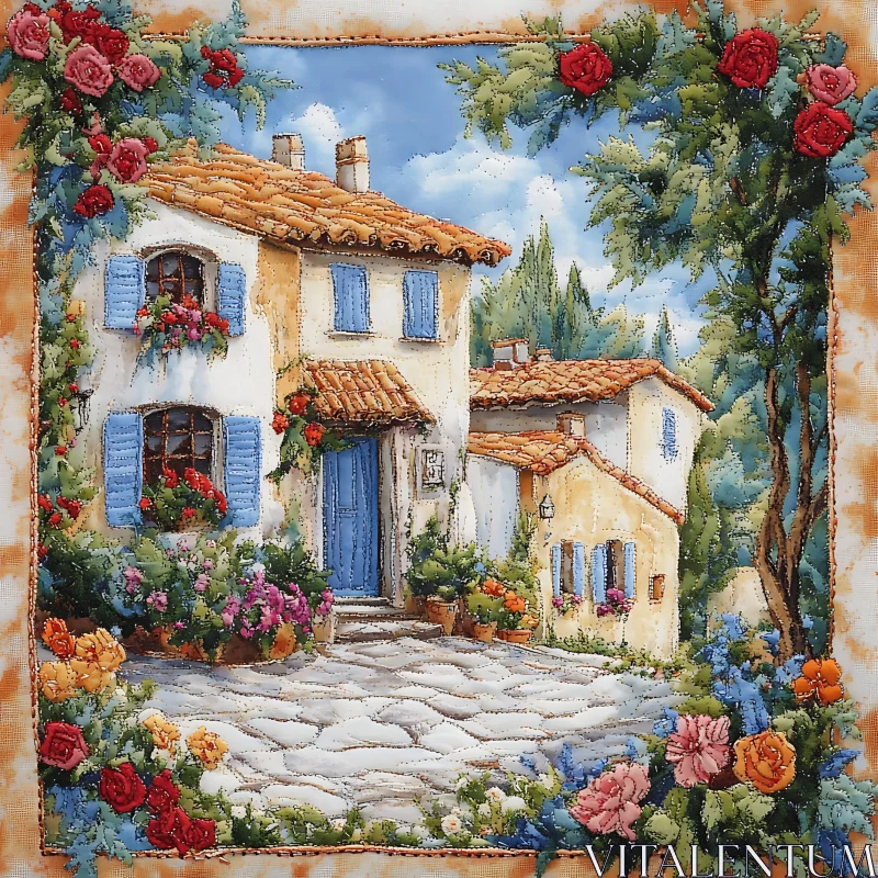 Rustic Mediterranean Cottage with Vibrant Flowers AI Image