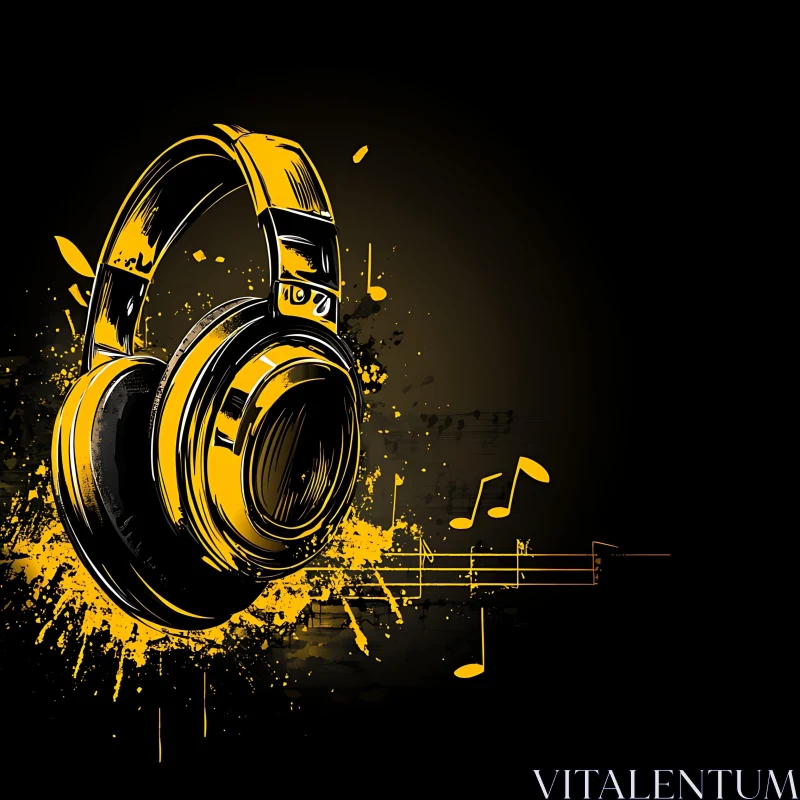 Yellow Headphones Art with Musical Notes AI Image