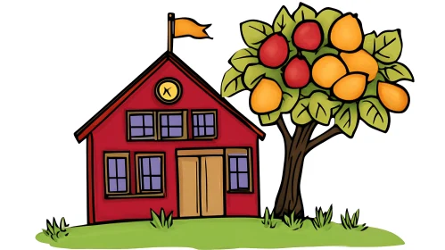 Whimsical Red House and Fruitful Tree Drawing