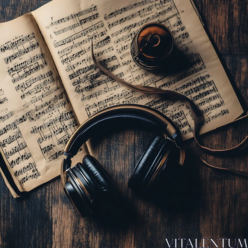 Vintage Headphones and Sheet Music AI Image