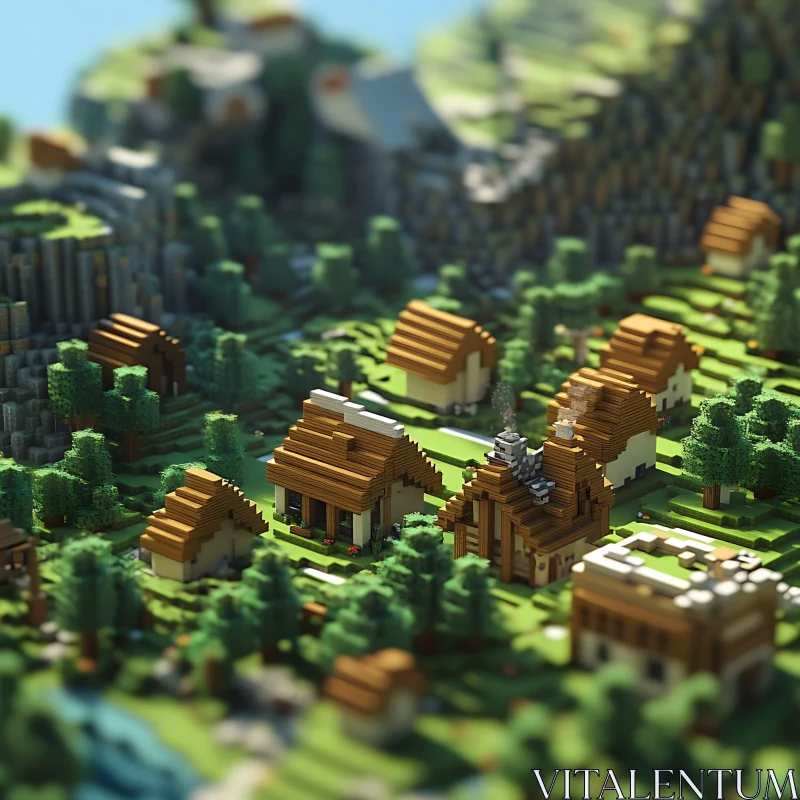 Quaint Pixelated Village in Nature AI Image