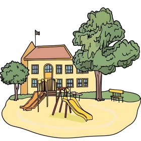 Illustrated Schoolyard with Slides and Trees