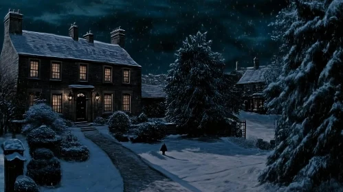 Serene Snowy Night at a Warmly Lit House