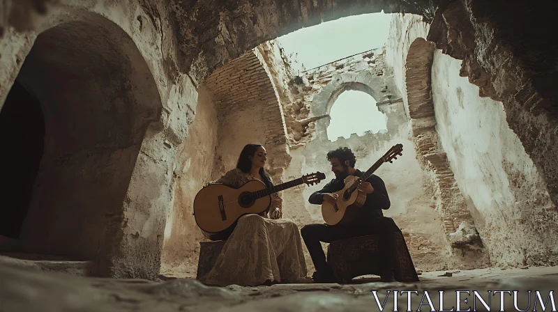 Duo Guitar Performance in Historic Ruins AI Image