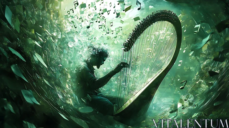 Ethereal Harpist in Green Abstract Artwork AI Image