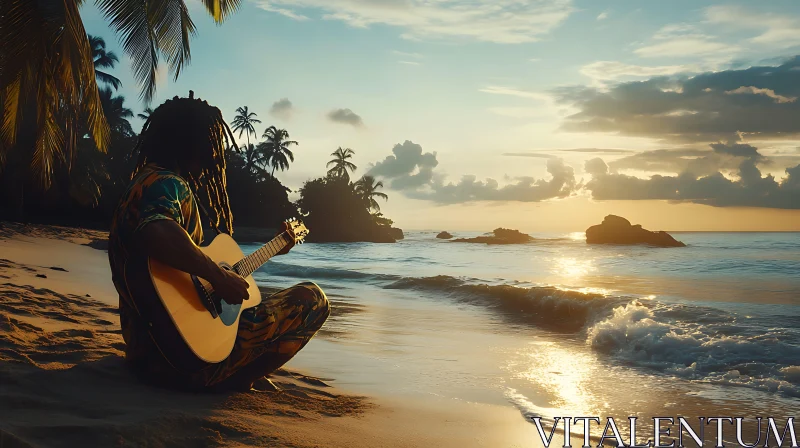 AI ART Guitarist at Tropical Beach During Sunset