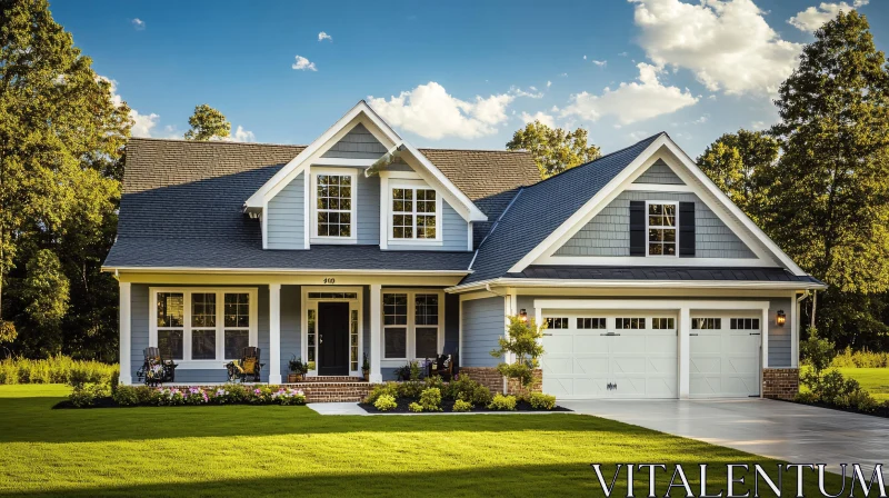 AI ART Elegant Blue and White Suburban Home with Two-Car Garage