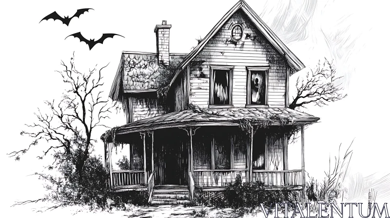 Abandoned Haunted House with Bats Flying AI Image