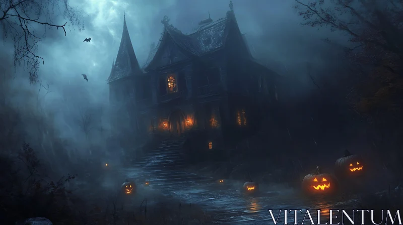 Spooky Haunted House with Bats AI Image