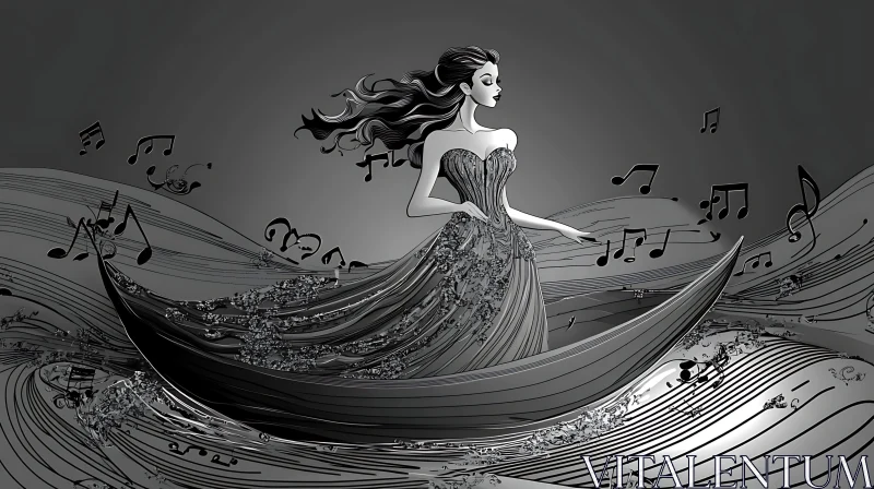 AI ART Elegant Woman Amidst Musical Waves