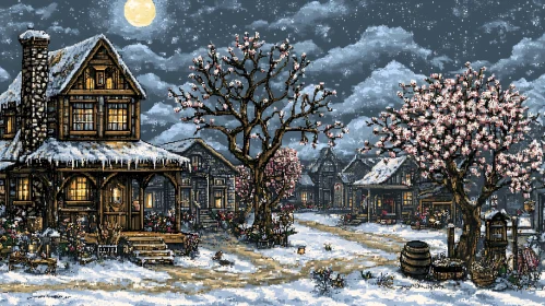 Quaint Village Under Moonlit Winter Sky