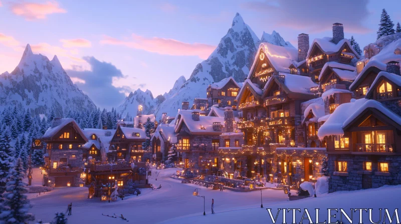 Cozy Chalet Village in Winter Twilight AI Image