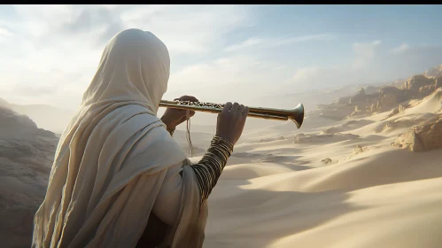 Desert Musician with Brass Instrument Amidst Vast Sands