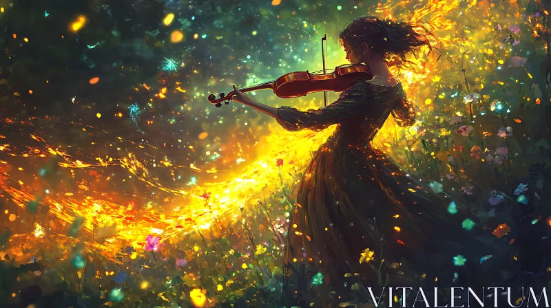 Magical Violin Performance in Glowing Forest AI Image