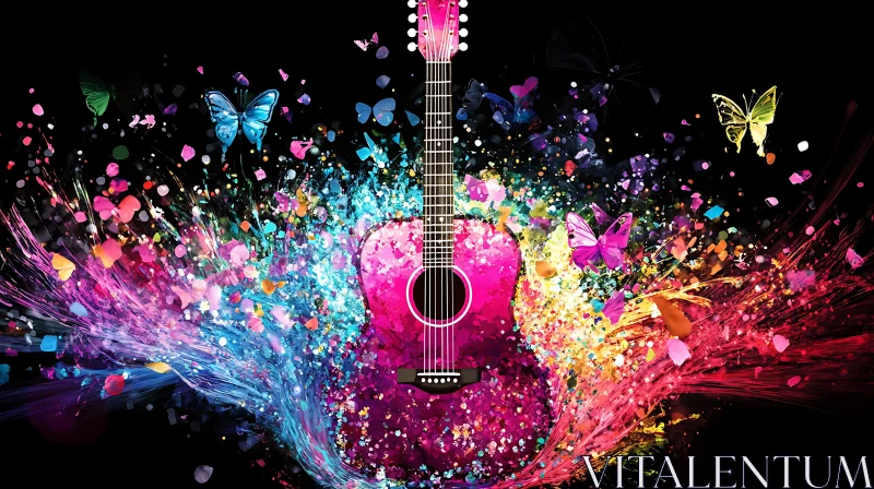 Vibrant Pink Guitar and Butterfly Explosion in Abstract Art AI Image