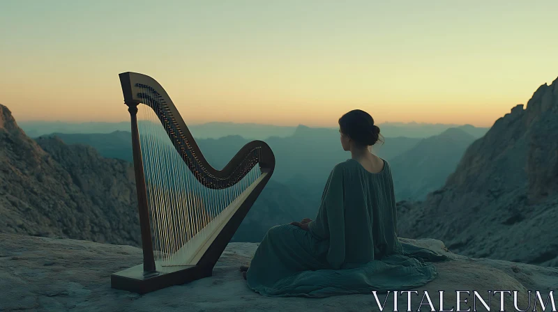 Serene Sunset: Woman and Harp on Mountain AI Image