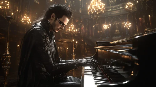 Enigmatic Pianist in Luxurious Gothic Setting