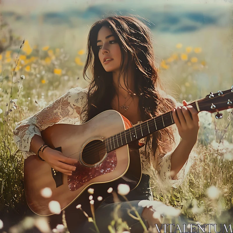 Serene Woman Playing Guitar in Nature AI Image