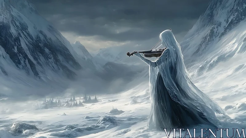 Solitary Violinist in Snow-Clad Landscape AI Image