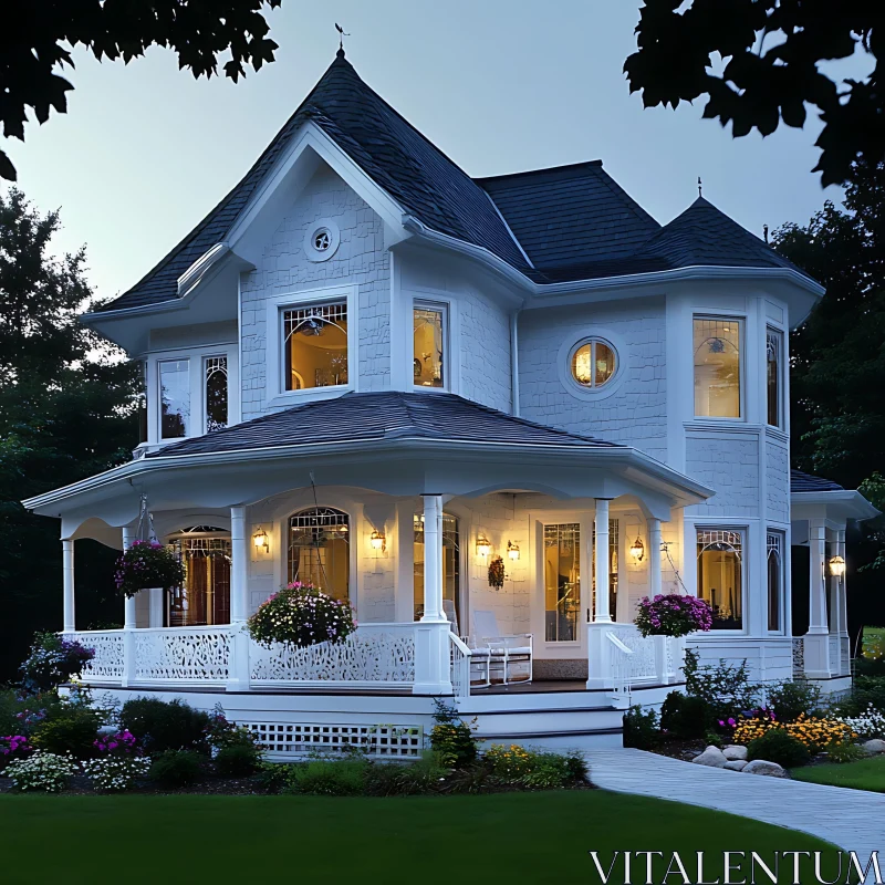 Charming Victorian-Style House in Evening Light AI Image